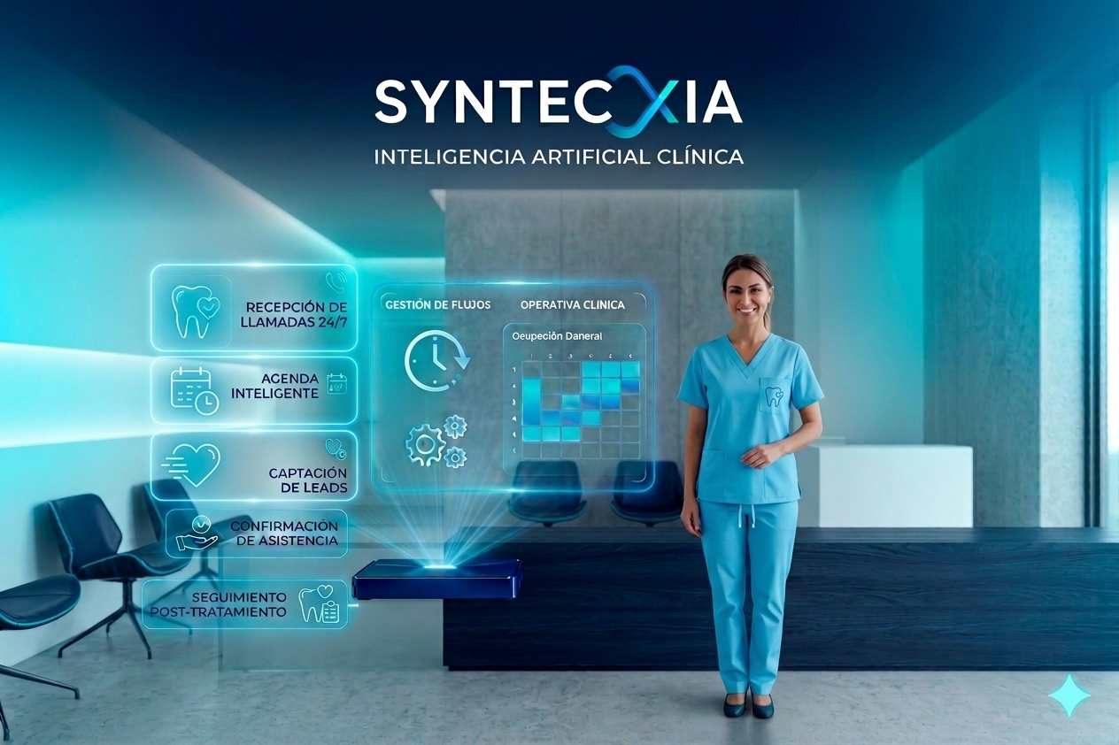 Recepcionista de clínica dental con sistema Syntecxia activo